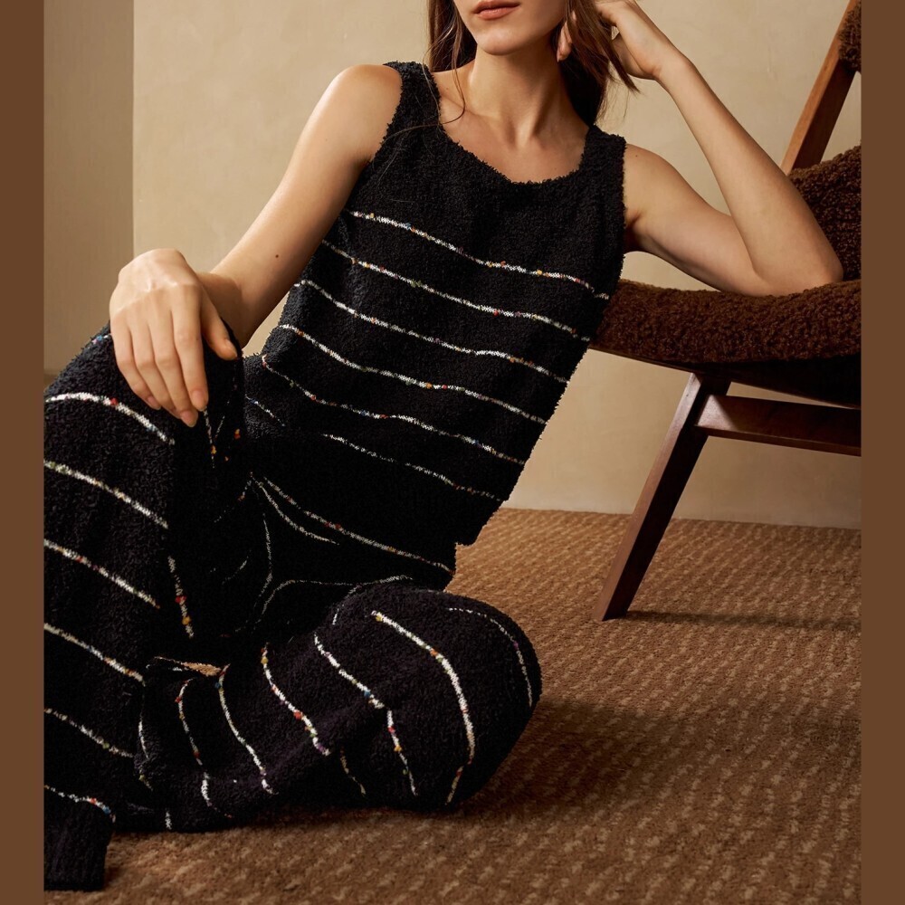 Black Striped Fuzzy Knit Tank Top and Wide Leg Pants Lounge Set